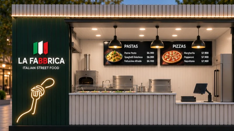 Render del módulo de atención La Fabbrica con su fachada verde, logo y mesón de preparación