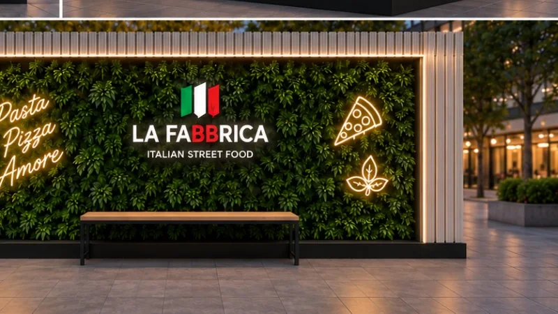 Render del muro verde con identidad La Fabbrica